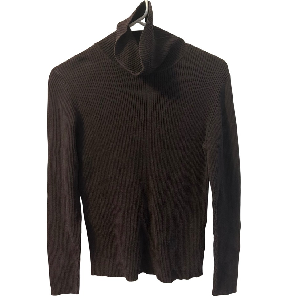 Chocolate Brown Ribbed Turtleneck Sweater Women M 100% Cotton Y2K 90s Minimalist